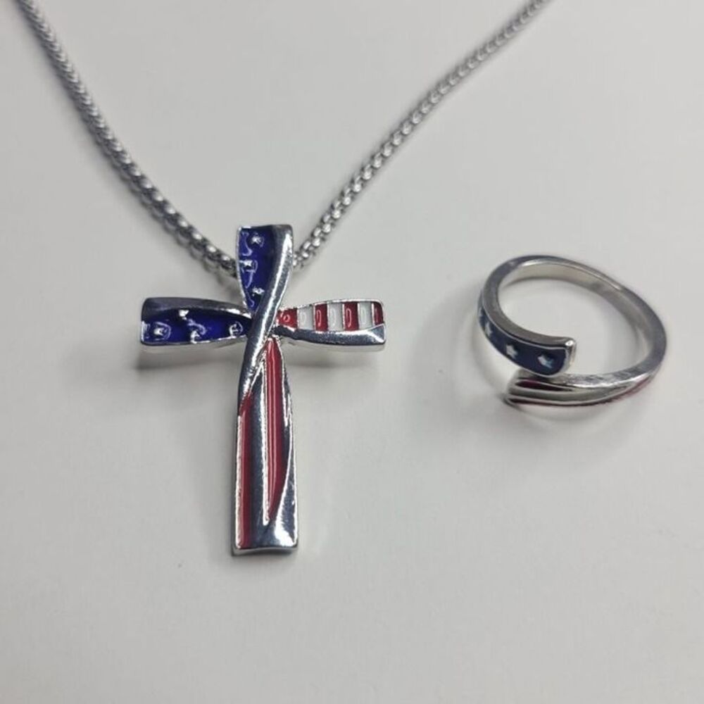 NWT Patriotic Red White Blue Metal Cross Necklace Get FREE Matching America Ring